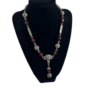 Chicos Necklace Ornate Metal Silver Tone Beads Red Faceted Beads Drop Pendant